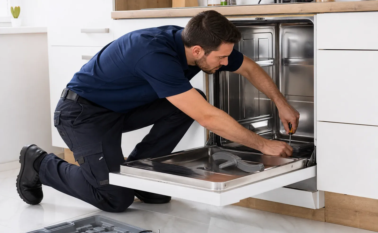 Technician repairing a home appliance